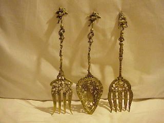 Set Of 3 Vintage Ornat Italian Brass Cherubs & Lion Serving Forks & Spoon photo
