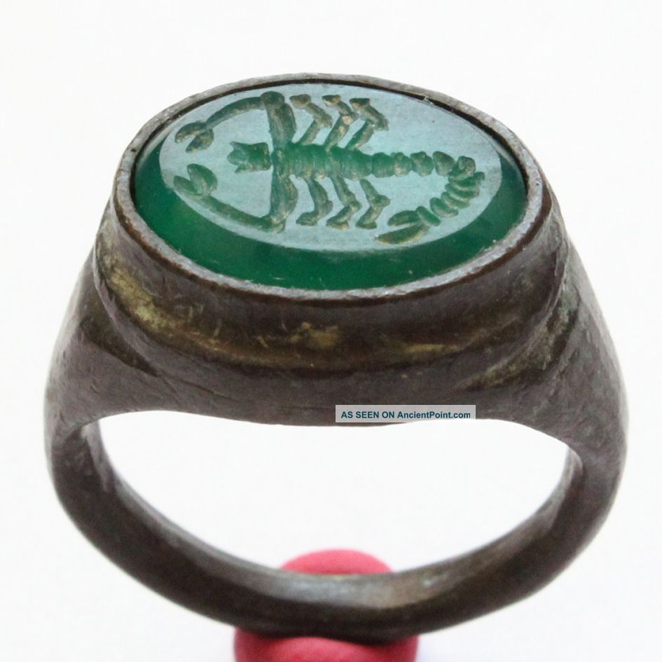 Roman Ring With Green Agate Engraved The Scorpio Symbol Bronze Ring Roman photo