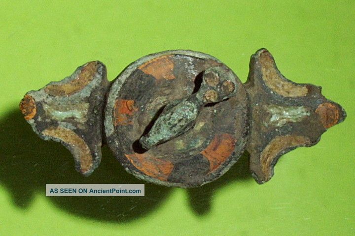 Ancient Roman Equal Armed Plate Brooch Orange & Black Enamel 3d Fish Old Jewelry Roman photo