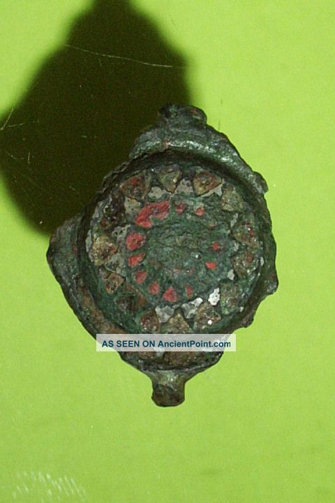 Roman Umbonate Brooch Blue Red Enamel Spoked Wheel Old Fibula Artifact Silver Roman photo