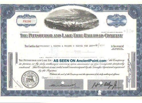 Old And Authentic Pittsburgh & Lake Erie Railroad Stock Certificate Blue Version The Americas photo