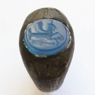 Byzantine Ring With Blue Agate Engraved Mythological Symbol Billon Ring photo