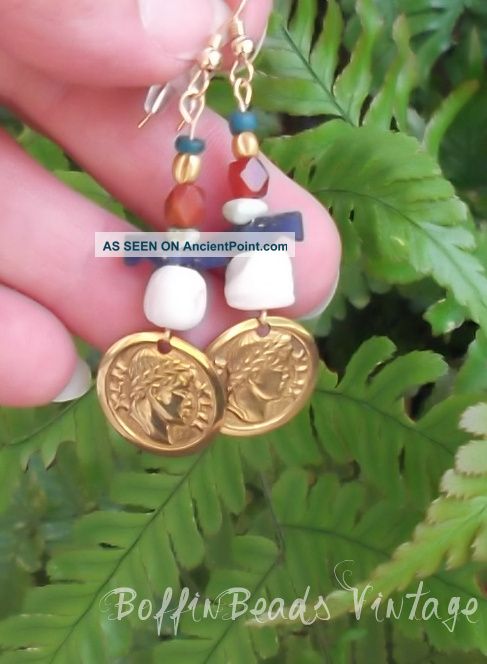 Antique Roman Earrings ' Bird ' Glass,  Carnelian,  22 Ct Gold Fluted Beads 14k Gf Roman photo