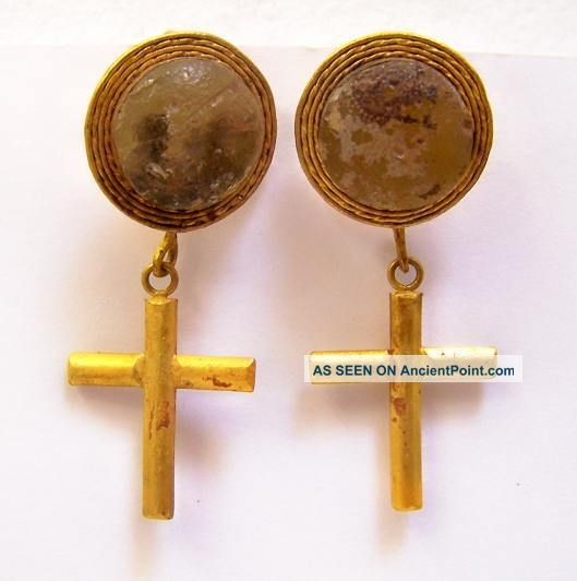 Ancient Pair Of Roman Gold Earrings W Cross Roman photo