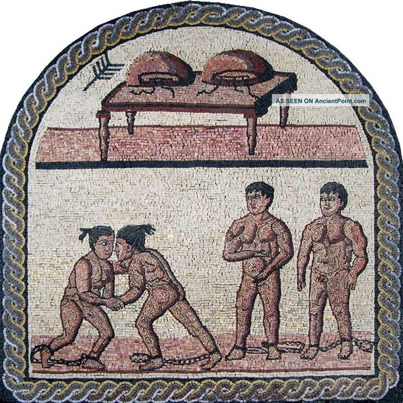 Ancient Gladiators Marble Mosaic Art Tiles Stone Mural Roman photo