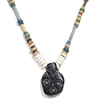 Egyptian Amulet Faience Mummy Beads & Black Stone Pendant Necklace photo