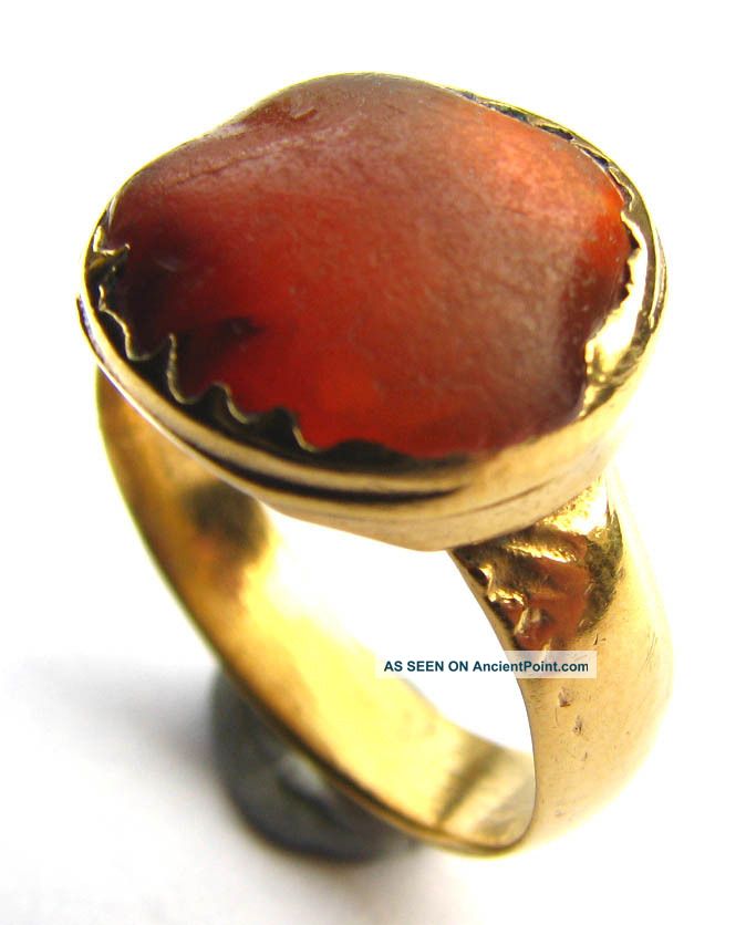 Medieval Gold Gilt Finger Ring Deep Orange Agate Setting 16th Century European photo
