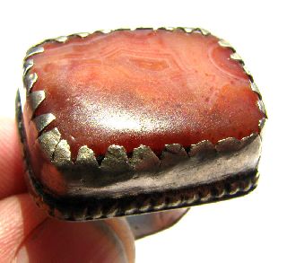 Late Medieval Moorish Silver Alloy Ring Very Large Cream Brown / Orange Agate photo