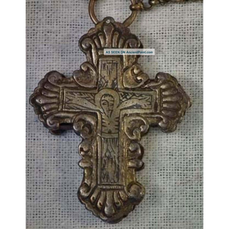 Antique Parcel - Gilt Silver Post - Byzantine Orthodox Pectoral Reliquary Cross 18th Byzantine photo