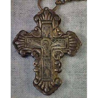 Antique Parcel - Gilt Silver Post - Byzantine Orthodox Pectoral Reliquary Cross 18th photo