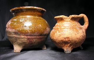 Pair Of Mediaeval Dutch Earthernware Pipkin Pots,  C.  1500 photo