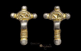 Rare Frankish Radiate Headed Gilt Bow Brooch Pair Fastener Jewellery 022748 photo