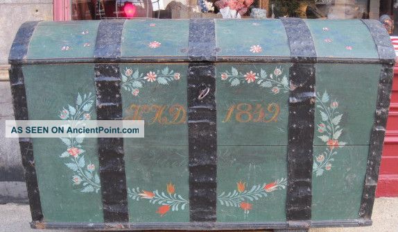 Antique Swedish Immigrant Trunk Dated 1849 Green W/ Floral & Foliate Decoration 1800-1899 photo