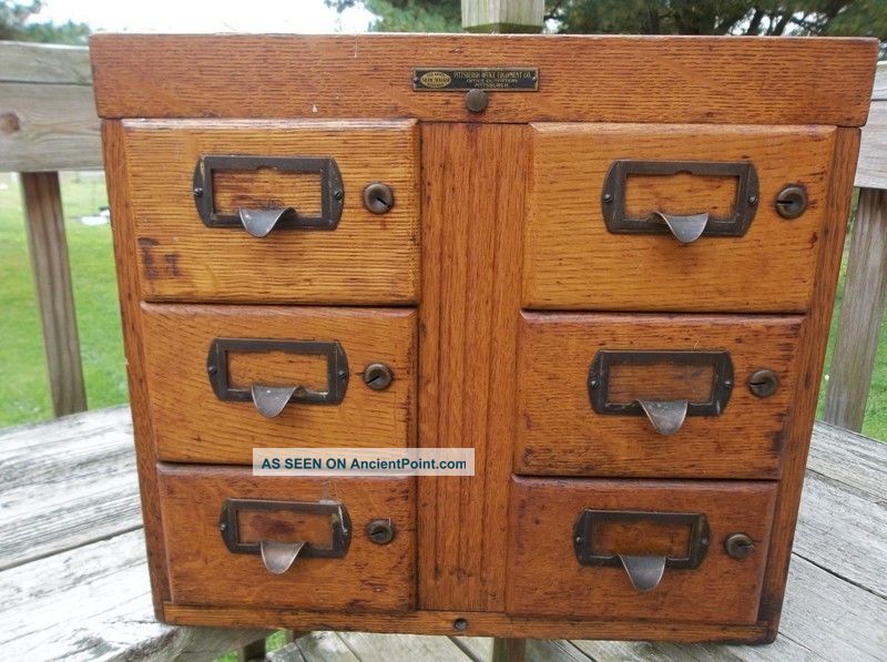 Antique 6 Drawer Library Card Oak Catalog Index File Cabinet With Removable Top 1900-1950 photo
