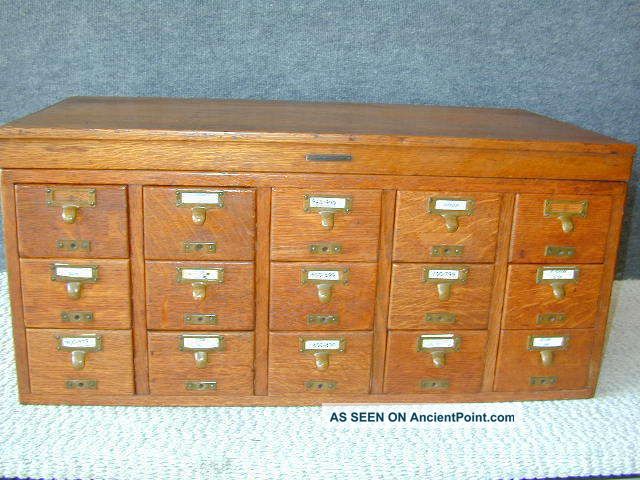 Oak Library Card File By Sole Maker,  Brass Label,  15 Drawers,  All 1900-1950 photo