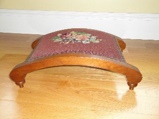 Vintage Walnut Needlepoint Footstool / Excellent Finish photo