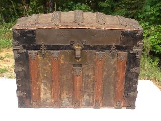 Antique Camel Back Wooden Dated 1881 Steamer Trunk photo