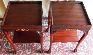 Antique Mahogany Two Tier Recessed Top Tables With Carvings Pair photo