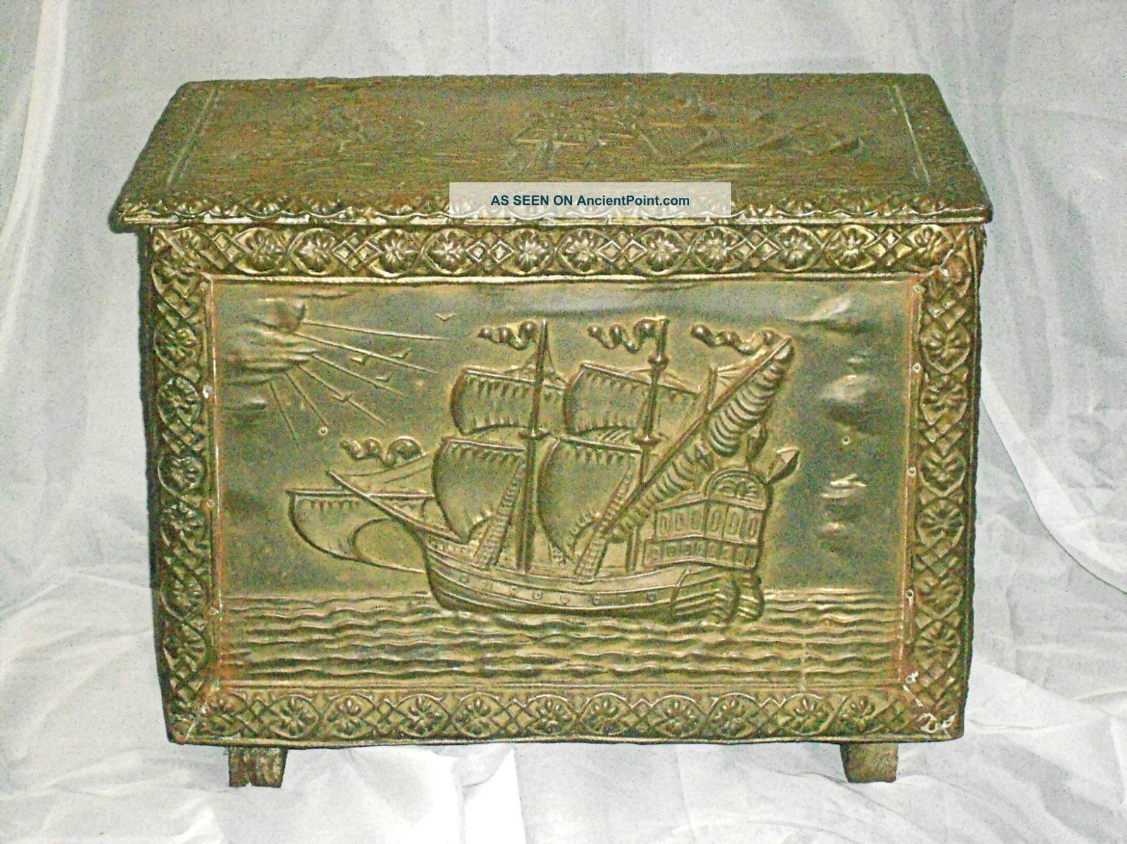Antique Copper Trunk Ship Sea Art Depiction Treasure Chest 1800-1899 photo