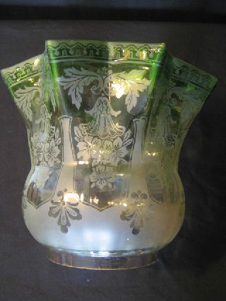 Victorian 4ins Fit Green Edged & Etched Tulip Globe For Oil Lamp photo