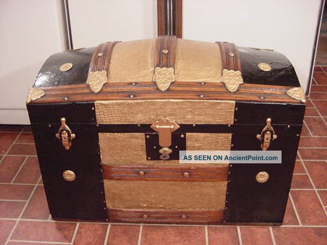 Refinished Dome Top Steamer Trunk Antique Chest W/working Lock & Key 1800-1899 photo