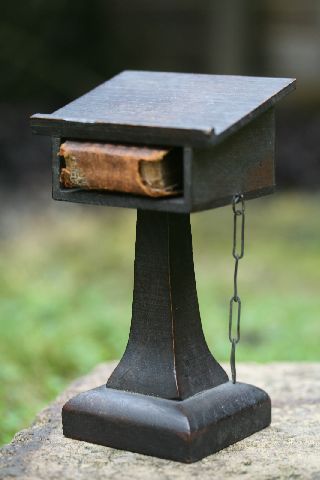 19th C.  Gothic Wooden Miniature Church Lecturn With Chain & Bible photo