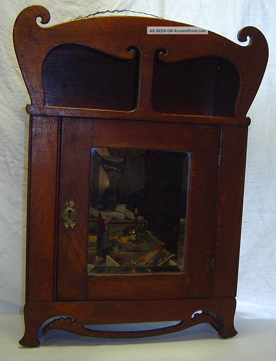 Antique Arts Crafts Nouveau Oak Wall Medicine Cabinet W/ Mirror Finish 1900-1950 photo