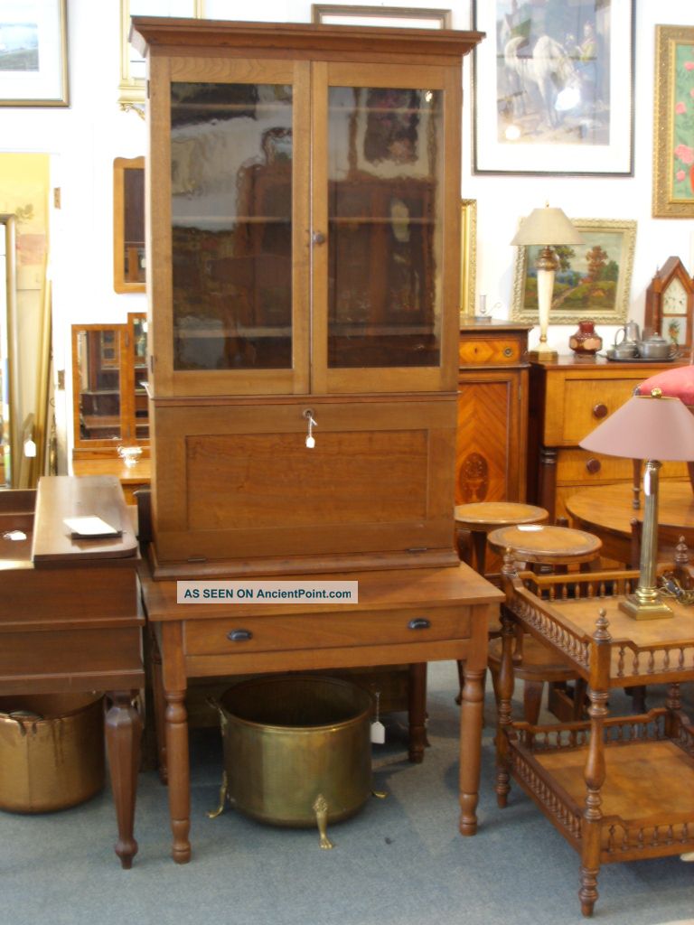 Old Tall Walnut Plantation Desk With Wavy Glass 2 Piece Antique 1800-1899 photo