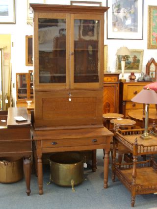 Old Tall Walnut Plantation Desk With Wavy Glass 2 Piece Antique photo