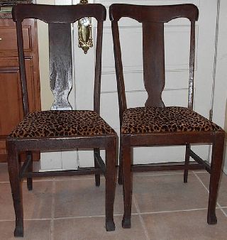 Antique Pair Oak T Back Chairs Set Of Side Chairs Wood Chair Table Chairs photo