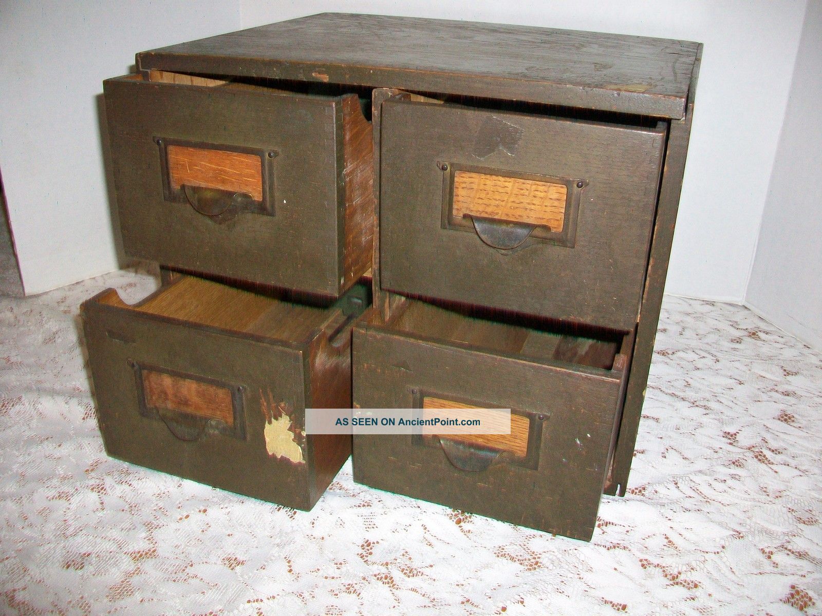 Vintage Oak 4 Drawer File Index Card Library Cabinet Dovetail Drawers 1900-1950 photo
