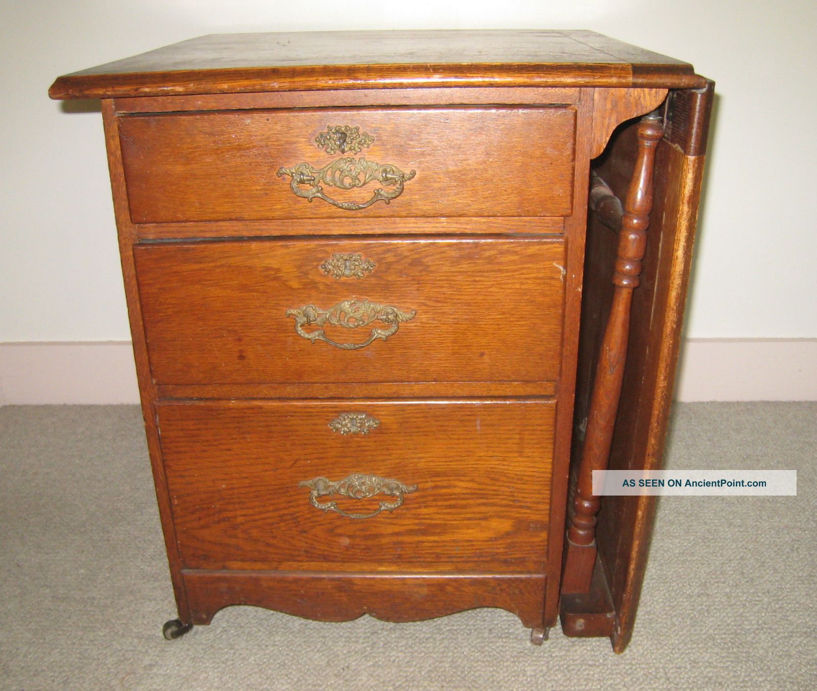 Antique Oak Larkin Sewing Table End - Table 3 Drawers Key 1800-1899 photo