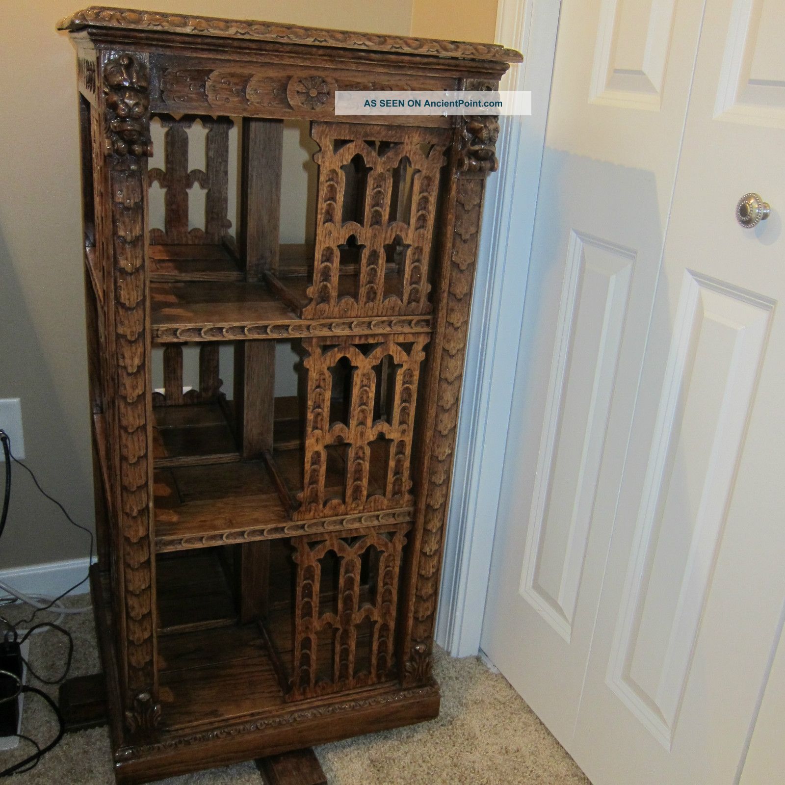 Revolving Oak Bookcase With Carved Lion Heads - Extremely Rare 1800-1899 photo