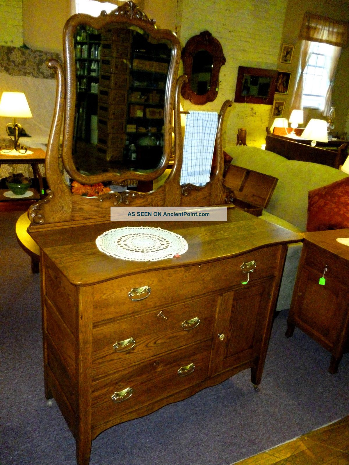Antique Oak Dresser,  Hotel Washstand W/beveded Mirror Carvings Refinished Bureau 1900-1950 photo
