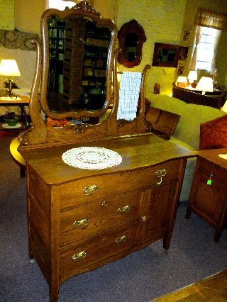 Antique Oak Dresser,  Hotel Washstand W/beveded Mirror Carvings Refinished Bureau photo