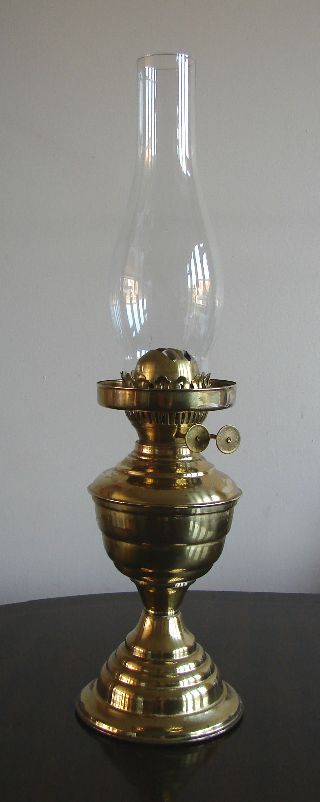 A Victorian Brass Glass Oil Lamp Twin Wick Duplex Burner photo