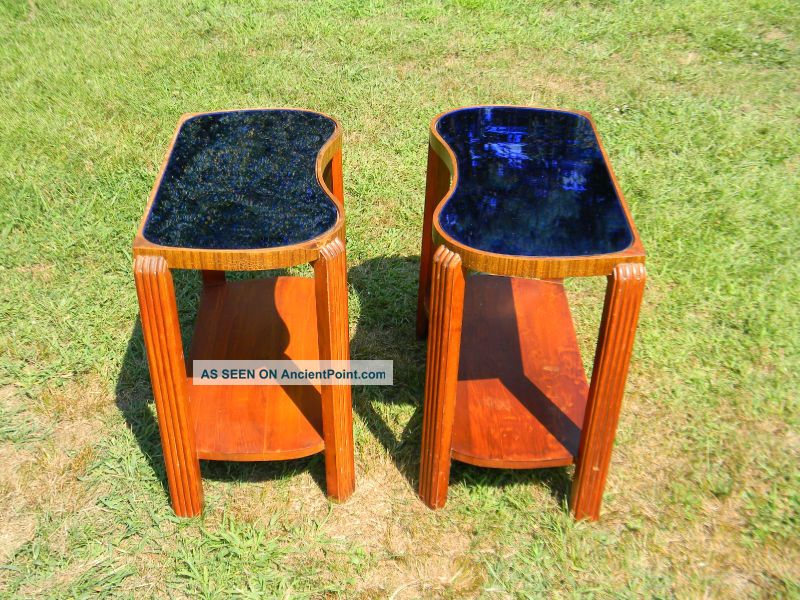 Pair Vintage Antique Art Deco Cobalt Blue Mirror Glass End