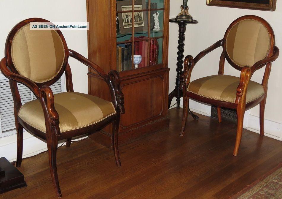 Unusual Pair Of Antique Carved Swan Handle Chairs W Silk Striped Upholstery Nr 1800-1899 photo