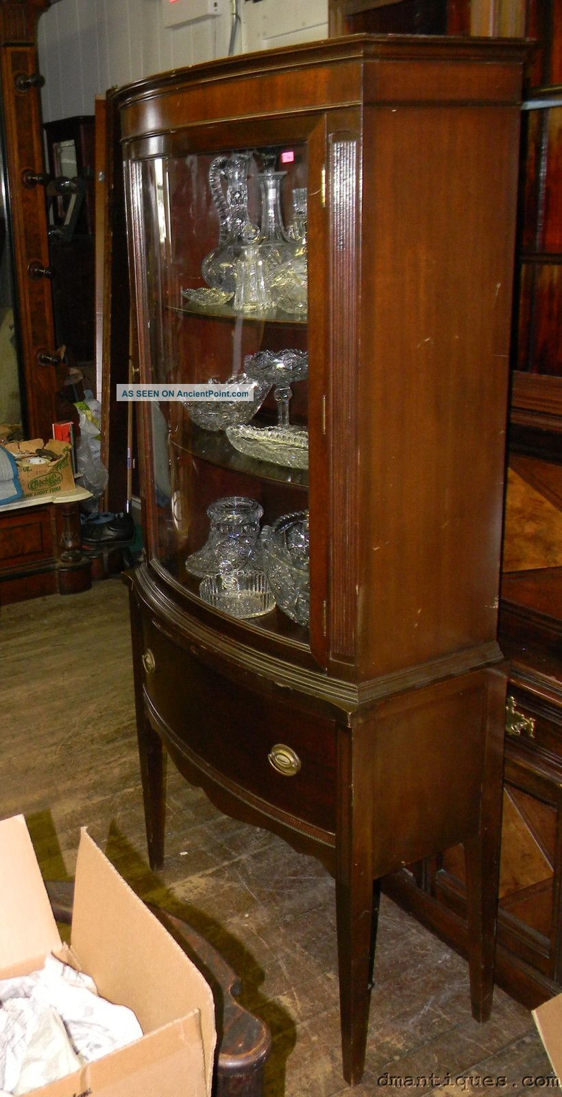 Vintage C1940s Mahogany Bow Front China Cabinet Curved Glass Door Shelves Drawer 1900-1950 photo