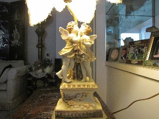 Antique Bisque Pair Of Cherub Lamps Early 1920s Custom Lamp Shades Exc Cond photo