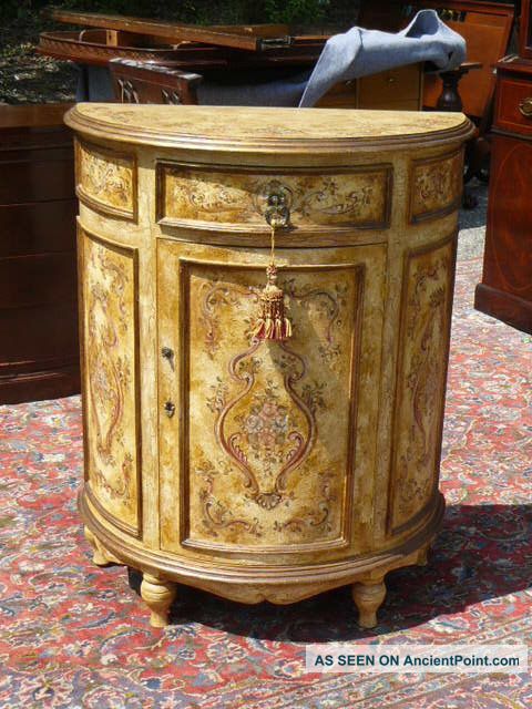 Vintage French Louis Xv Xvi Paint Decorated Commode Demilune Hall Console Table Post-1950 photo