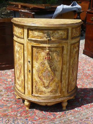 Vintage French Louis Xv Xvi Paint Decorated Commode Demilune Hall Console Table photo