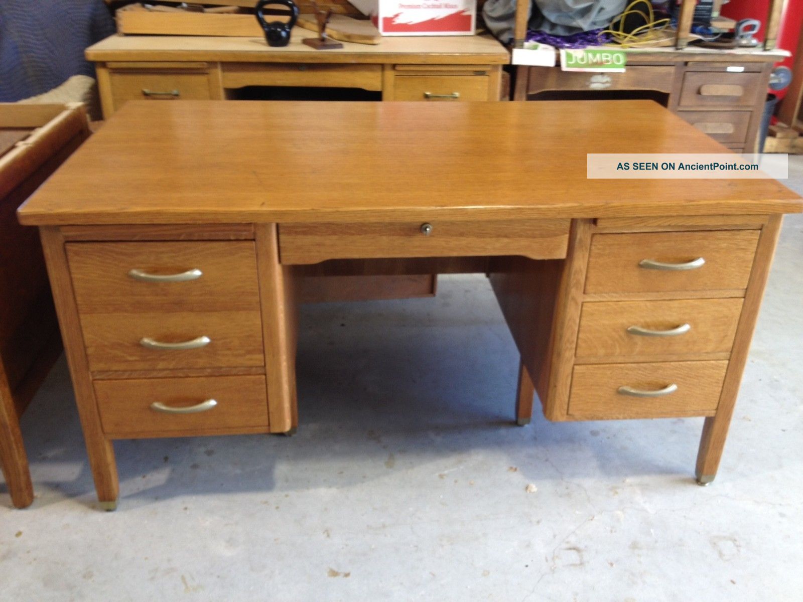 1961 Antique Riff Cut Oak Wood Desk From The Univ Of Texas By Leopold Company 1900-1950 photo