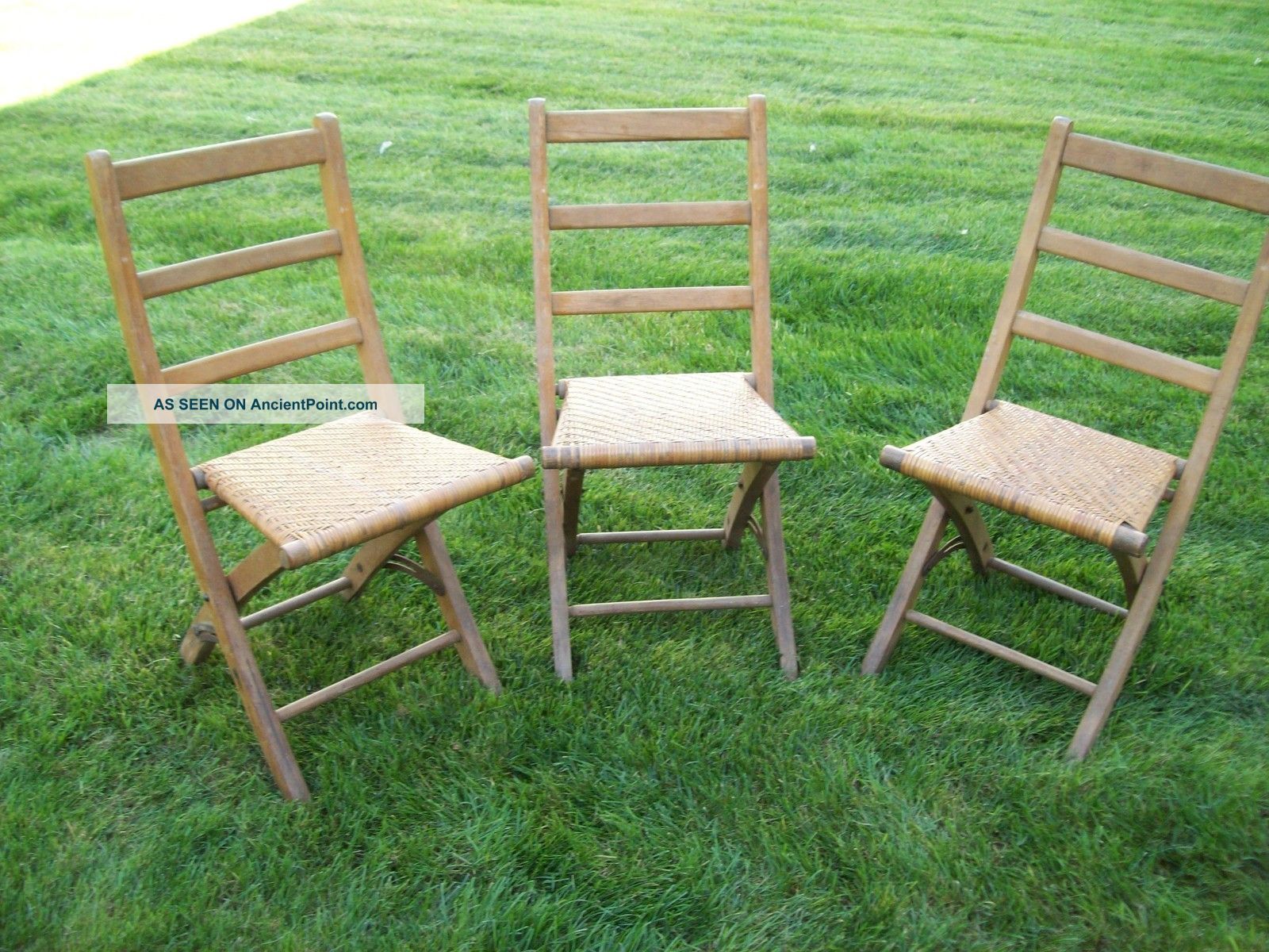 Set Of Three Vintage Folding Wooden Chairs - Caned Seats - Early 1900 ' S 1900-1950 photo