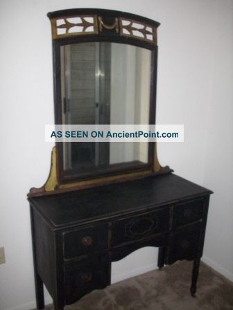 Vintage Distressed Black Painted Vanity - Ornate Antique Mirror Hollywood Regency 1900-1950 photo