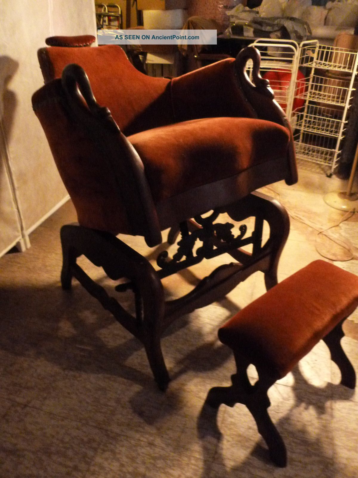 Dated 1860 Antique Mechanical G.  W.  Archer Hand - Crank Barber Chair & Foot Stool 1800-1899 photo