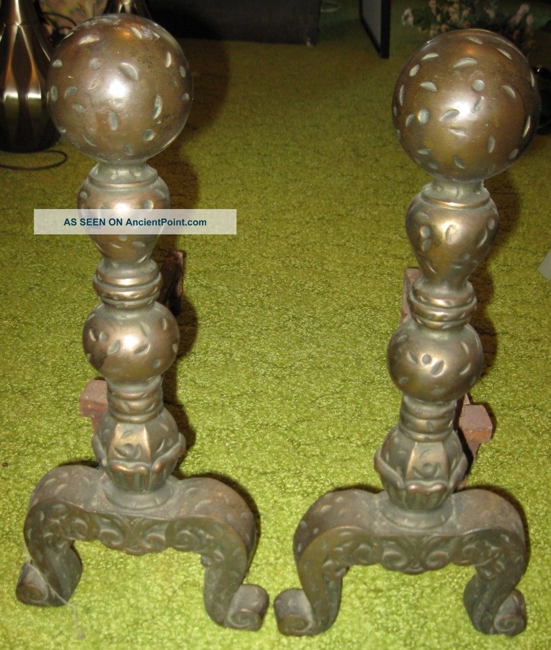 Antique Dated 1919 Brass Arts & Crafts Mission Fireplace Andirons Fire Dogs Hearth Ware photo