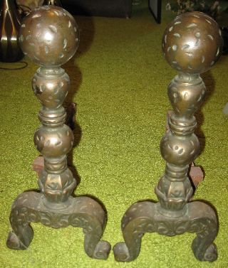 Antique Dated 1919 Brass Arts & Crafts Mission Fireplace Andirons Fire Dogs photo