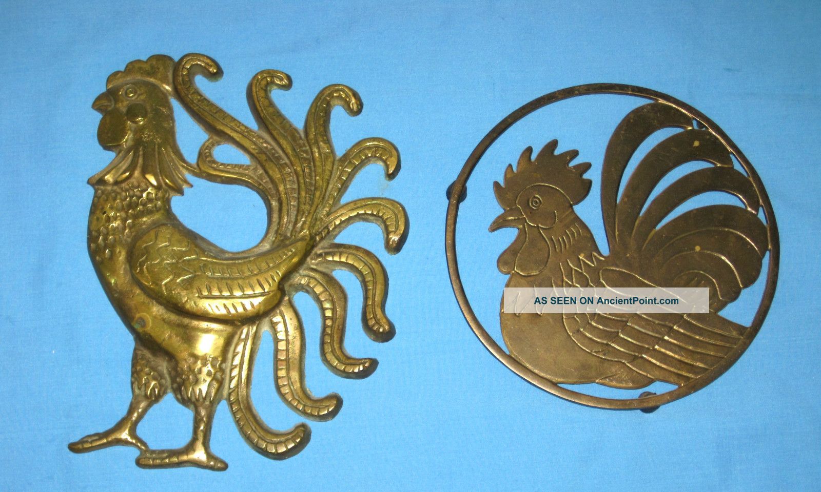 Lot 2 Vtg/antique Solid Brass Rooster/hen/chicken Trivet & Wall Plaque Trivets photo