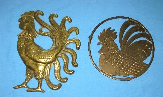 Lot 2 Vtg/antique Solid Brass Rooster/hen/chicken Trivet & Wall Plaque photo